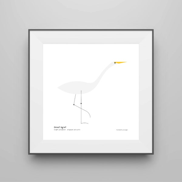 Great Egret Art Print/ Field Guide/ Bird Poster/ Wading Bird / Bird Decor / Minimalist Wall Art / Signed