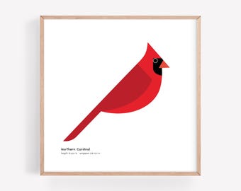 Op de afbeelding: Een ingelijste print met een geometrische illustratie van een kardinaalvogel in rood-, zwart- en oranjetinten op een witte achtergrond. De tekst luidt: Northern Cardinal, length: 21,1-23,1 cm, wingspan: 24,9-31,0 cm.