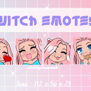 Twitch emotes // Cute chibi emotes for streamers // Pink hair & blue eyes