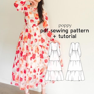 Poppy Ruffle Tier Maxi Dress PDF Sewing Pattern - US Sizes 2-20 - PDF Instant Download with Instructions & Video Tutorial
