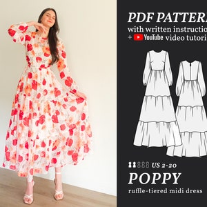 POPPY Ruffle Skirt Maxi Dress Digital sewing pattern 2-20 PDF Sewing Pattern for Beginners Instant download Instruction E-book & Video