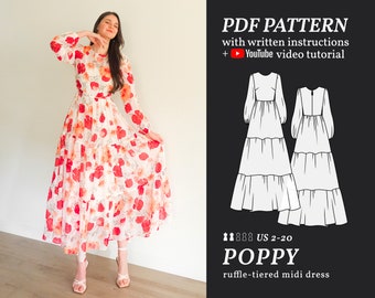 POPPY Ruffle Skirt Maxi Dress Digital sewing pattern 2-20 PDF Sewing Pattern for Beginners Instant download Instruction E-book & Video