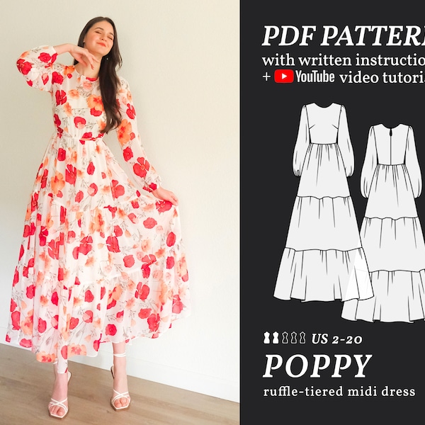 POPPY Ruffle Skirt Maxi Dress Digital sewing pattern 2-20 PDF Sewing Pattern for Beginners Instant download Instruction E-book & Video