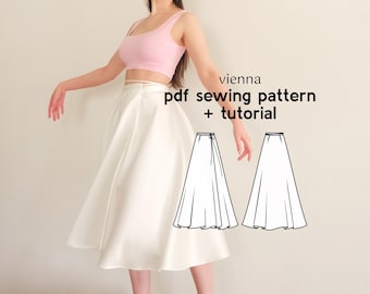 Vienna Satin Wrap Skirt Sewing Pattern: Tea-Length, US Sizes 2-20 (PDF Download)