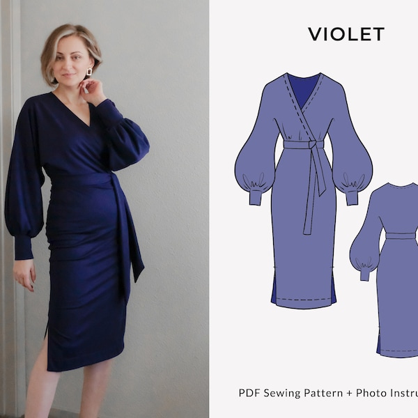 Violet Faux Wrap Dress Digital Sewing Pattern, PDF Pattern XS-2XL, Downloadable Dress Pattern Letter/A4/A0 Format, Video/Photo Instructions