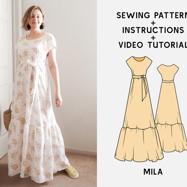 MILA Maxi Boho Dress Digital sewing pattern XS-4XL PDF Sewing Pattern for Beginners Instant download Instruction E-book & Video