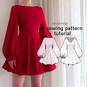 Puede incluir: Un vestido rojo vibrante con mangas largas y abullonadas y una falda acampanada. El vestido presenta un escote barco y se muestra con un patrón de costura y un tutorial. El texto en la imagen dice "vivienne pdf sewing pattern + tutorial."