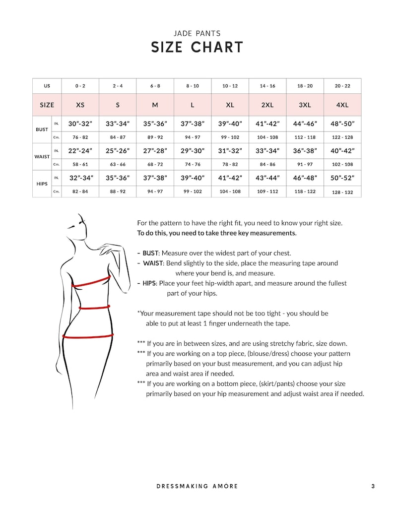 Op de afbeelding: Maattabel voor Jade broeken, met borst-, taille- en heupmaten in inches en centimeters. Maten vari&euml;ren van XS tot 4XL. Inclusief instructies voor het opmeten voor de juiste pasvorm.