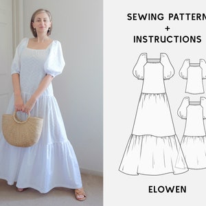 Maxi Boho Dress Pattern ELOWEN Puff Sleeves Dress Digital Pattern Sizes XS-4XL Instructions & Video Tutorial, PDF Sewing Pattern image 1