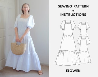 Maxi Boho Dress Pattern ELOWEN Puff Sleeves Dress Digital Pattern Sizes XS-4XL + Instructions & Video Tutorial, PDF Sewing Pattern