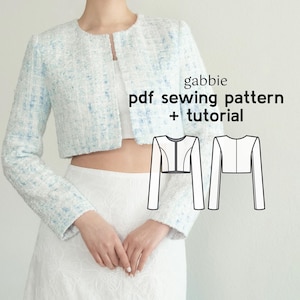 Gabbie Cropped Tweed Jacket PDF Sewing Pattern - US Sizes 2-20 - PDF Instant Download with Instructions & Video Tutorial