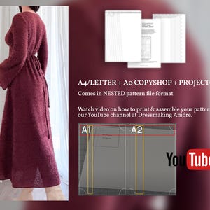 May include: A burgundy-colored dress with long sleeves and a tie-back detail. The image also includes pattern instructions and a YouTube logo. The text reads "A4/LETTER + Ao COPYSHOP + PROJECTOR" and "Watch video on how to print & assemble your pattern on our YouTube channel at Dressmaking Am&oacute;re."