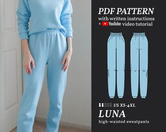 LUNA Pantalones deportivos de cintura alta Patrón de costura digital XS-4XL Jogger PDF Patrón de costura para principiantes Instrucciones de descarga instantánea y video