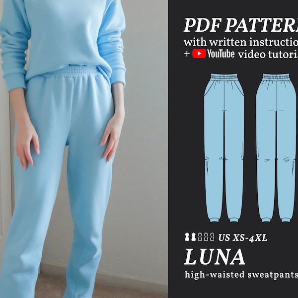 LUNA High Waist Sweatpants Digital Sewing Pattern XS-4XL Jogger PDF Sewing Pattern for Beginners Instant Download Instructions & Video