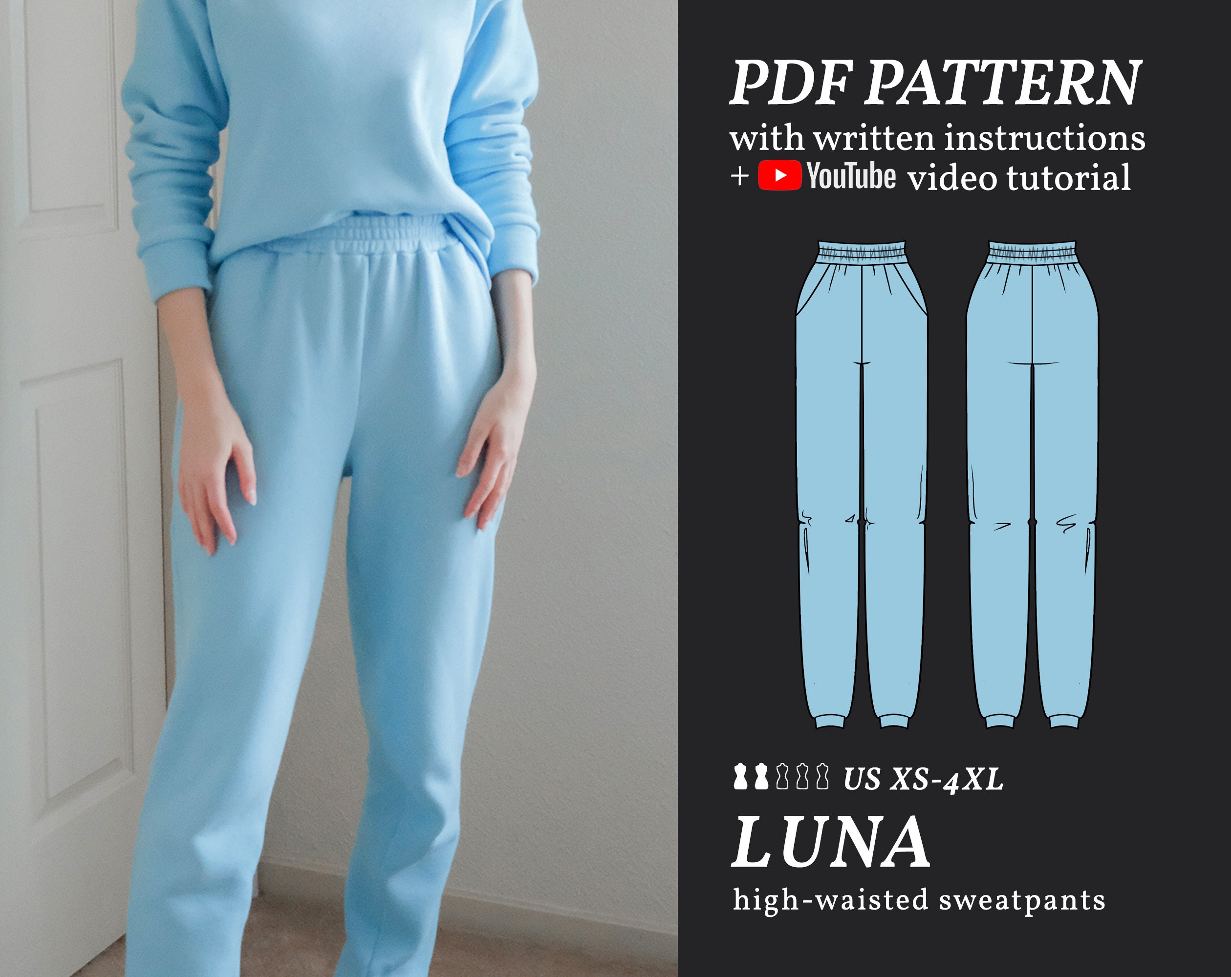 LUNA High Waist Sweatpants Digital Sewing Pattern XS-4XL Jogger PDF Sewing  Pattern for Beginners Instant Download Instructions & Video 