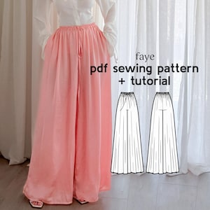 Puede incluir: Un pantalón de pernera ancha y largo hasta el suelo en color rosa claro liso con cintura elástica y cordón ajustable. La imagen incluye el texto 'faye pdf sewing pattern + tutorial' y un dibujo lineal en blanco y negro del pantalón.