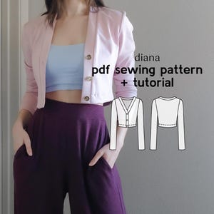 Diana Cropped Cardigan PDF Sewing Pattern - US Sizes 2-20 - PDF Instant Download with Instructions & Video Tutorial