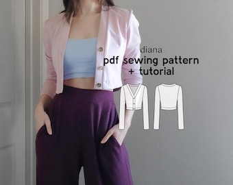 Diana Cropped Cardigan Sewing Pattern: V-Neck Knit, US 2-20 (PDF Download)