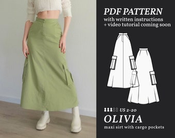 OLIVIA Cargo Maxi Skirt Digital sewing pattern 2-20 PDF Sewing Pattern for Beginners Instant download, Instruction E-book & Video