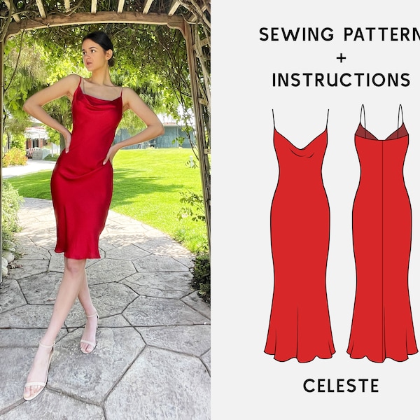 CELESTE Cowl Neck Slip Dress Sewing Pattern | XS-2Xl PDF Digital Bias dress Sewing Pattern | Instructional E-book & Video