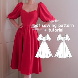 Noelle Puff-Sleeved Sweetheart Neckline Dress PDF Sewing Pattern - US Sizes Xs-3Xl - PDF Instant Download with Instructions & Video Tutorial
