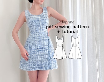 May include: A woman wearing a blue and white tweed dress. The image includes text that reads "daphne pdf sewing pattern + tutorial".