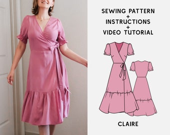 CLAIRE Wrap Dress Dress Digital sewing pattern XS-4XL PDF Sewing Pattern for Beginners Instant download Instruction E-book & Video