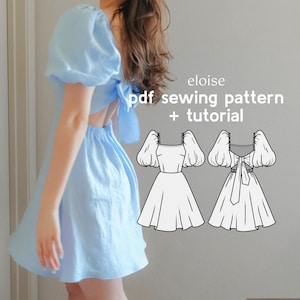Eloise Puff-Sleeve Back-Tie Dress PDF Sewing Pattern - US Sizes 2-20 - PDF Instant Download with Instructions & Video Tutorial