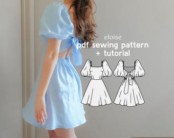 Eloise Puff-Sleeve Back-Tie Dress Sewing Pattern (US Sizes 2-20) (PDF Download)