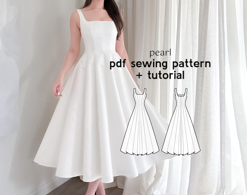 May include: A white, sleeveless dress with a square neckline and a full skirt. The dress has a fitted bodice and a flared skirt that falls to mid-calf. The text "pearl pdf sewing pattern + tutorial" is visible.