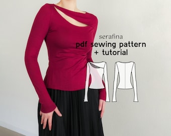 Op de afbeelding: Een vrouw draagt een langarmige, bordeauxrode top met een uitgesneden halslijn. De top is aangesloten en heeft een klein detail van ruches in de taille. Het model draagt een zwarte rok. De afbeelding bevat ook een lijntekening van de top, met de tekst "serafina pdf sewing pattern + tutorial".