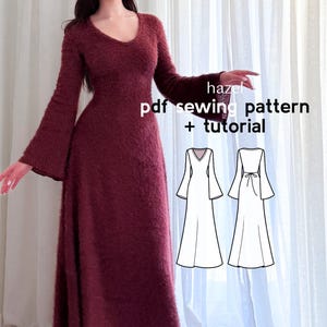 May include: A long, burgundy dress with a V-neck and flared sleeves. The dress has a soft, textured appearance. The image also includes a diagram of the dress and the text "hazel pdf sewing pattern + tutorial".