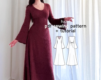 Vestido color avellana con escote en V y mangas acampanadas (patrón de costura en PDF)