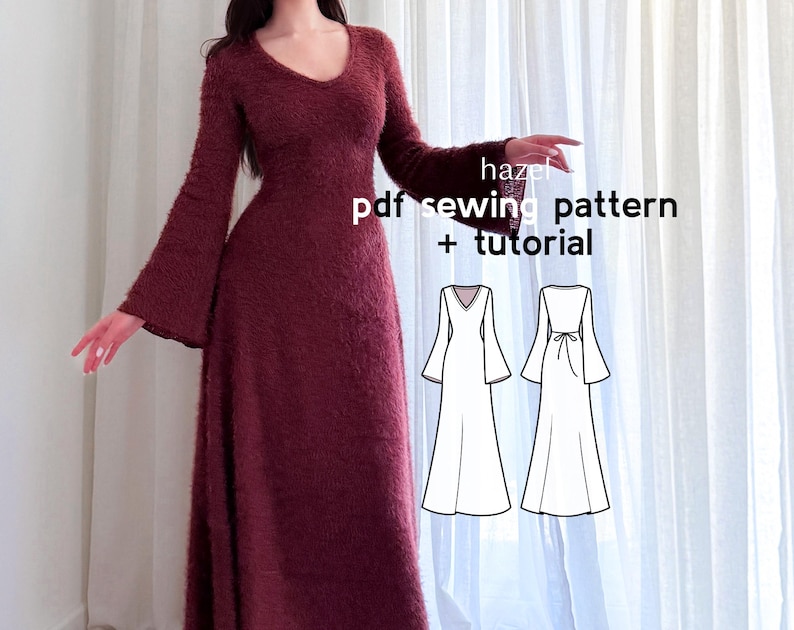 May include: A long, burgundy dress with a V-neck and flared sleeves. The dress has a soft, textured appearance. The image also includes a diagram of the dress and the text "hazel pdf sewing pattern + tutorial".