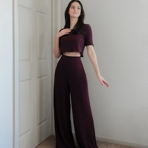 Op de afbeelding: Een tweedelige bordeauxrode outfit met een cropped top met korte mouwen en een broek met wijde pijpen. De top heeft een licht gerimpelde zoom. De outfit is gemaakt van een zachte, getextureerde stof. De broek heeft een hoge taille en een vloeiend silhouet.