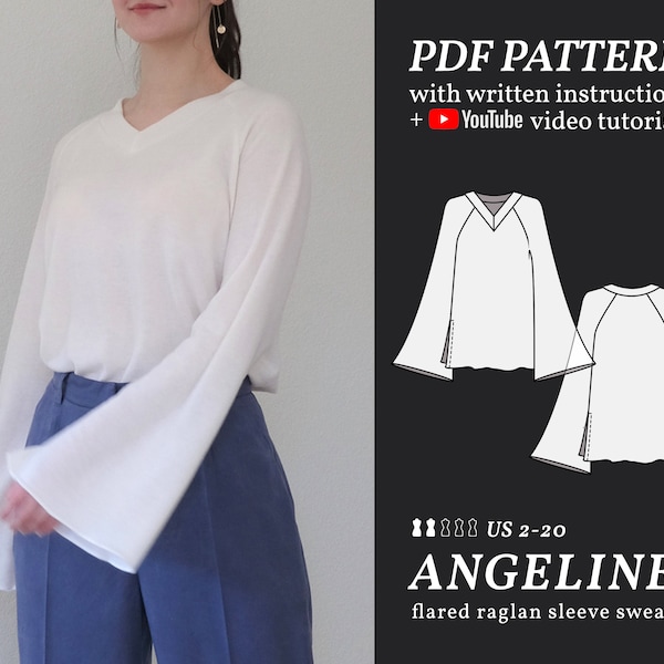 PDF Schnittmuster für Trompeten Raglan Ärmel Oversized Pullover, Grössen 2-20 + Anleitung & Video Anleitung, Sofort Download