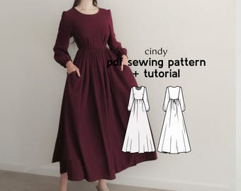 Cindy Maxi Dress Sewing Pattern – Long Sleeved with Pockets (PDF Pattern)