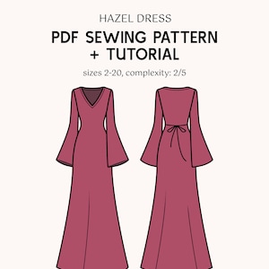 May include: A digital sewing pattern and tutorial for the Hazel Dress. The illustration shows the front and back views of a long, flowing dress in a mauve color with flared sleeves. The text indicates sizes 2-20 and a complexity level of 2/5.