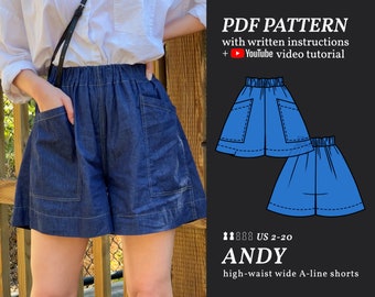 ANDY High-Waist Wide-Leg Shorts Digital sewing pattern 2-20 PDF Sewing Pattern Instant Download Instructional E-book & Video