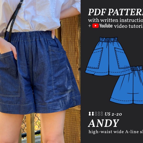 ANDY High-Waist Wide-Leg Shorts Digital sewing pattern 2-20 PDF Sewing Pattern Instant Download Instructional E-book & Video