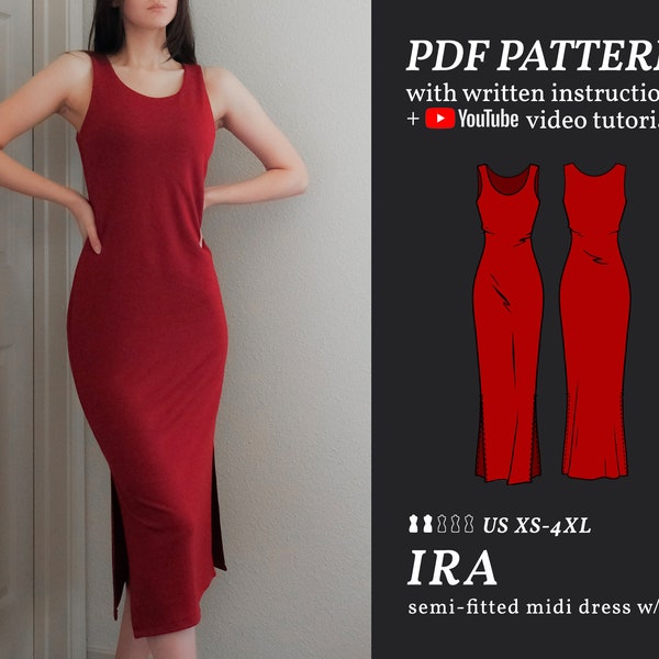 IRA Strick Tank Top Midi Kleid Digitales Schnittmuster XS-4XL, Printable PDF Nähkleid Schnittmuster Sofort download Anleitung E-book & Video