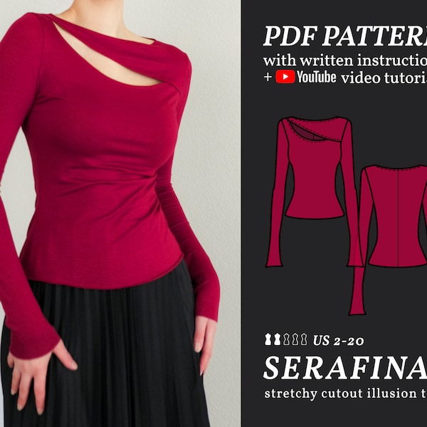 SERAFINA Cut-Out Illusion Long-Sleeved Fitted Top Digitales Schnittmuster 2-20 PDF Schnittmuster Sofort-Download Anleitung E-Book