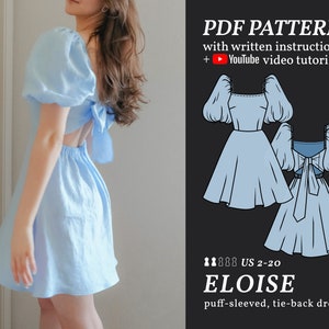 ELOISE Puff-Sleeved Back-Tie Dress Digital sewing pattern 2-20 PDF Sewing Pattern for Beginners Instant download  Instruction E-book & Video