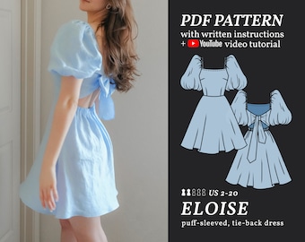 ELOISE Puff-Sleeved Back-Tie Dress Digital sewing pattern 2-20 PDF Sewing Pattern for Beginners Instant download  Instruction E-book & Video