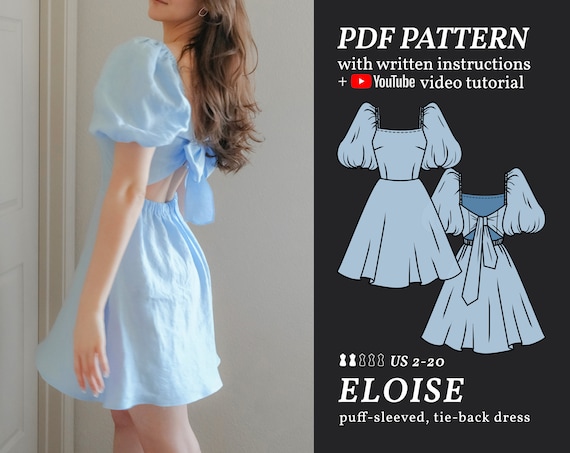 ELOISE Puff-sleeved Back-tie Dress Digital Sewing Pattern 2-20 PDF