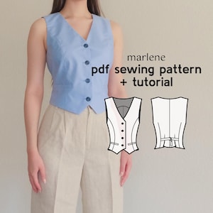 May include: A woman wearing a light blue vest with buttons and a pair of beige pants. The image also includes a sewing pattern for a vest with the text "marlene pdf sewing pattern + tutorial".