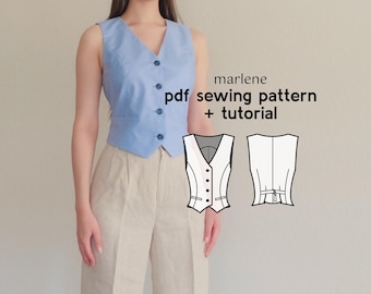 Marlene V-Neck Waistcoat Sewing Pattern: Fitted Vest with D-Ring (US Sizes 2-20) (PDF Download)