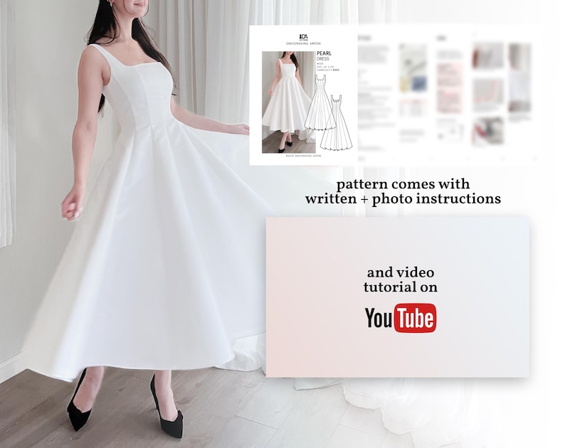 May include: A white sleeveless dress with a square neckline and a full skirt. The dress is paired with black heels. Text on the image reads "pattern comes with written + photo instructions" and "and video tutorial on YouTube".