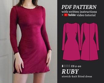 RUBY Fitted Long Sleeved Dress Digital Sewing Pattern | US 2-20 | PDF Sewing Pattern | Instant Download + Written & Video Instructions
