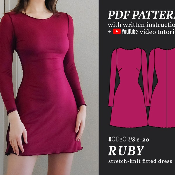 RUBY tailliertes Langarm Kleid Digitales Schnittmuster | US 2-20 | PDF Schnittmuster | Sofort Download + schriftliche & Video Anleitung